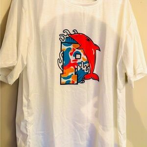 Men’s Red dolphin W/Ghost Guy from Mario bros white t shirt & multi color shorts